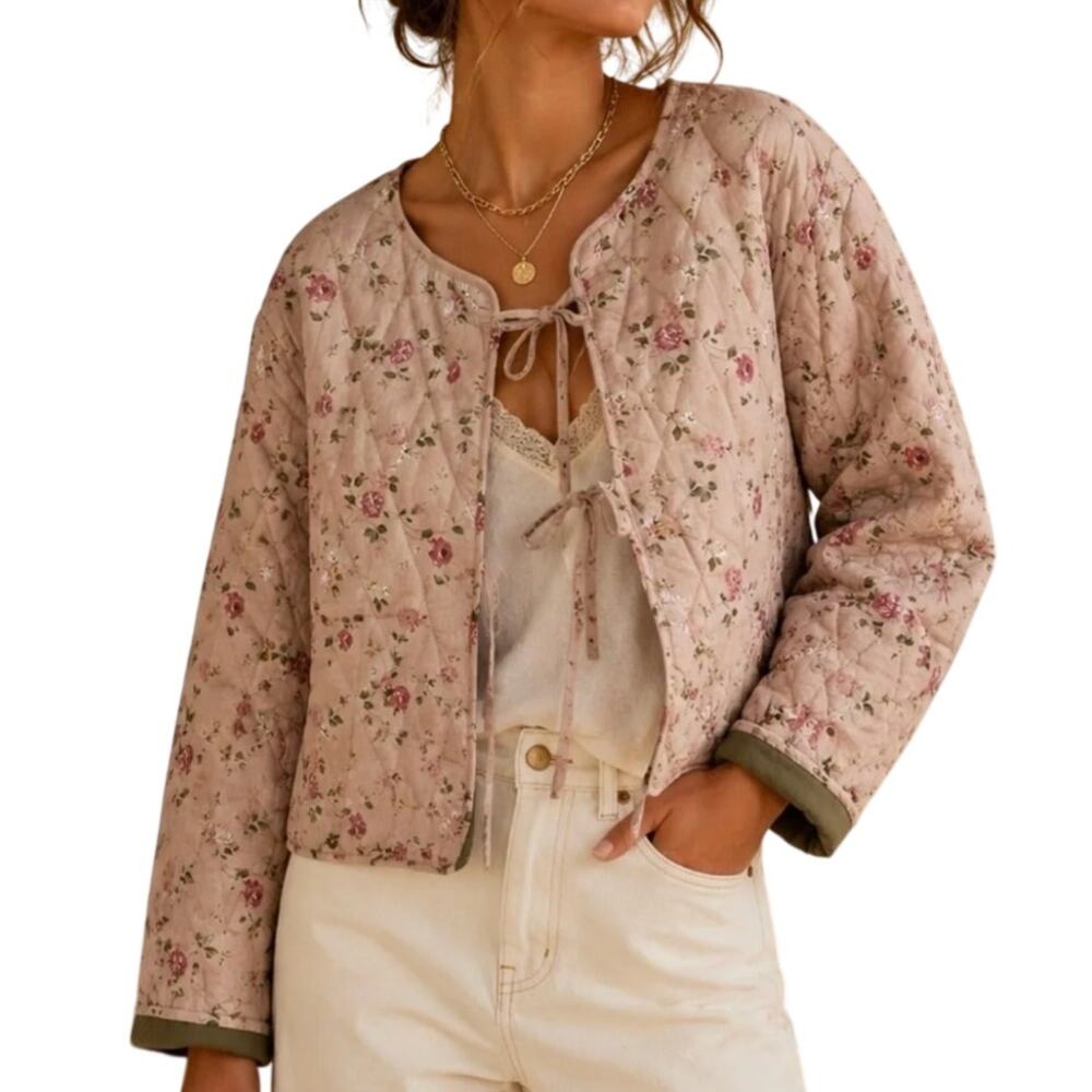 Avec Les Filles Quilted dusty pink Floral Tie-Front Cropped Jacket size M NWT